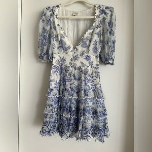 HEMANT AND NANDITA
Tiered Floral A Line Mini Dress cobalt blue